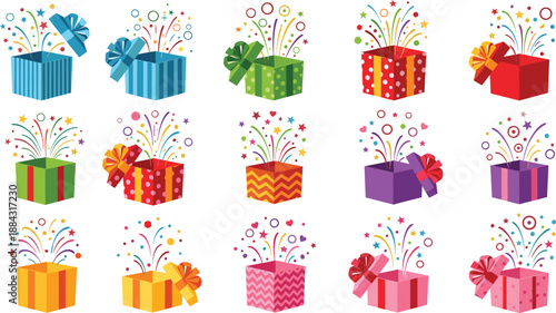 Colorful gift boxes with bursting confetti, festive present illustrations for celebrations, birthdays, holidays, parties, surprise events, decorative design elements