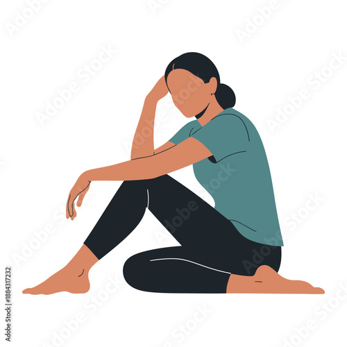 A woman sits thoughtfully with her hand resting on her forehead.