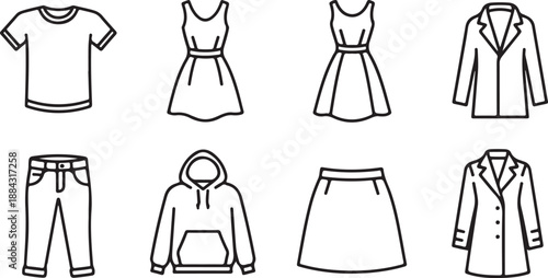 Clothing Icons Collection: T-Shirt, Dresses, Jackets, Jeans, Hoodie, Skirt Isolated on white background