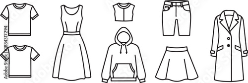 Clothing Icons Set: T-shirts, Dress, Hoodie, Jeans, Skirt, Coat Isolated on white background