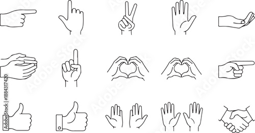 Collection of Hand Gestures Icons: Pointing, Thumbs Up, Heart, Peace, and Handshake Isolated on White Background