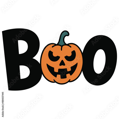 The word 'Boo' is displayed with a carved pumpkin in place of the letter 'O' for Halloween.