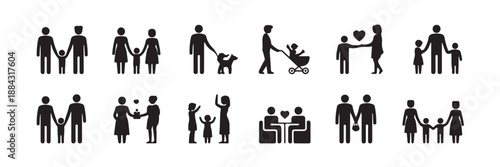 Family relationships and love icons set in black silhouettes on white