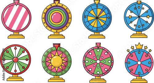 Colorful spinning prize wheels set, cartoon fortune wheel illustrations for games, rewards, casino, raffle events, decision makers, and playful design projects