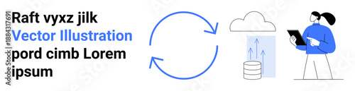 Cloud computing, data transfer, storage solutions, digital workflow, information technology, data security. Cyclical arrows between cloud and server, person with a tablet. Cloud computing and data