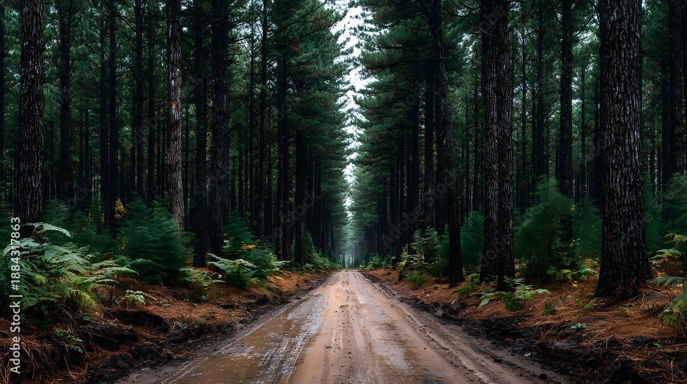 Obraz premium Symmetrical view down a straight dirt road cutting through a dense pine forest with tall trees lining the path under moody overcast lighting.