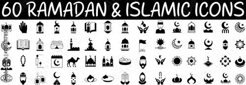 Ramadan and Islamic Icons: A collection of Ramadan and Islamic icons in a visually appealing arrangement, ideal for design projects and enhancing the visual identity of festive themes.