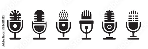 Set of modern microphone icons in black and white for audio recording and broadcasting