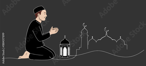 Solitude and Reverence: A figure, clad in traditional attire, kneels in prayer, bathed in the soft glow of a nearby lantern, against the backdrop of an intricately drawn mosque.