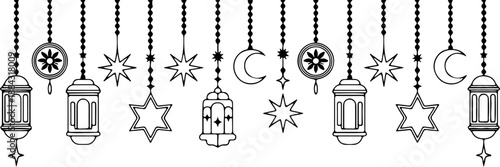 Hanging Star and Lantern Decorations: A delicate display of festive adornments featuring a series of stars and lanterns, suspended gracefully, creating a sense of celebration.