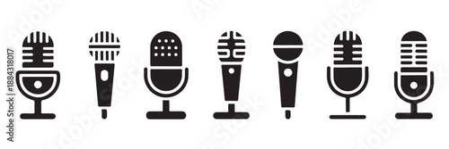 Set of professional microphone icons for podcasting and broadcasting
