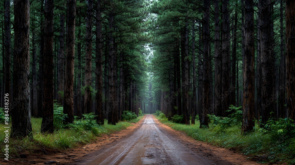 Fototapeta premium Symmetrical view down a straight dirt road cutting through a dense pine forest with tall trees lining the path under moody overcast lighting.