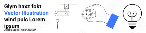 Engineering, innovation, mechanics, energy, invention, industrial applications. A hand holding a gauge, a mechanical assembly and a lightbulb symbol. Engineering and innovation concept