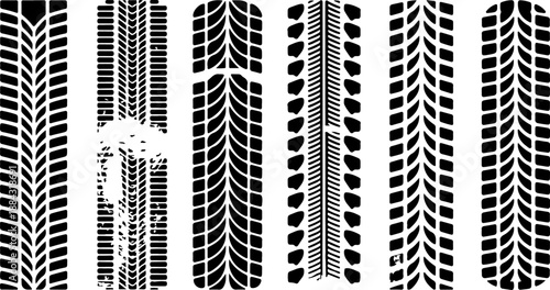 Tire Tracks Variety: A collection of various tire track patterns, each with unique textures and designs, displayed on a clean background.