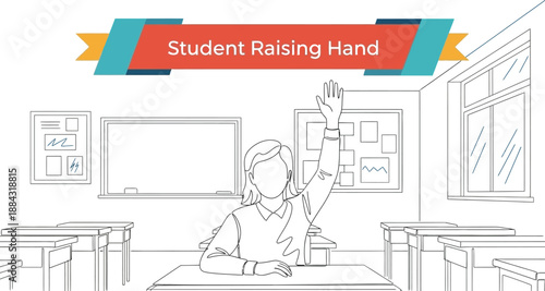 Black outline vector of female student sitting at desk raising hand