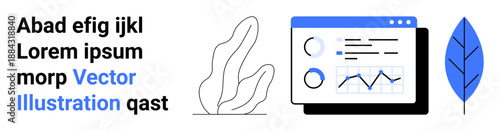 Data visualization, analytics, business performance, web interface design, UI dashboard, digital tools. Graphs and charts on a screen with leaf icons. Data visualization and analytics concept