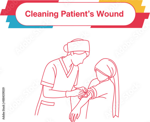Red outline vector of medical professional cleaning a patient arm wound