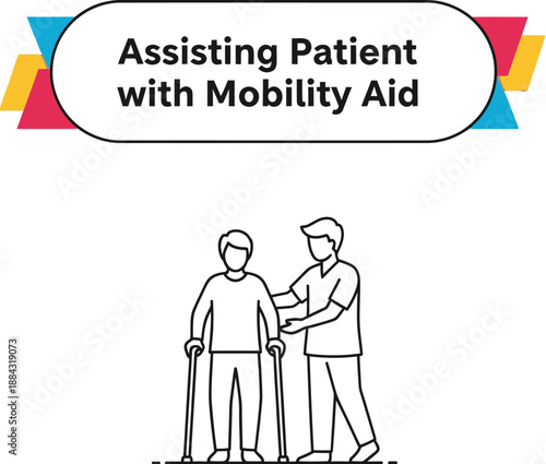 Black outline vector of healthcare worker assisting patient with walking sticks