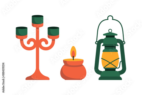 Colorful illustration of candle holders and lanterns with warm lighting elements