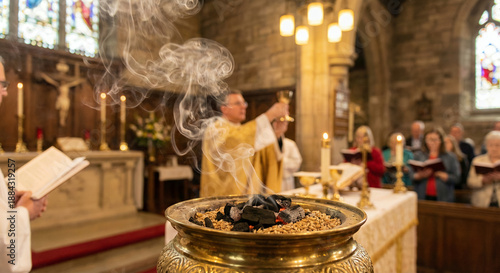 Priest conducting Easter service with incense in a church  