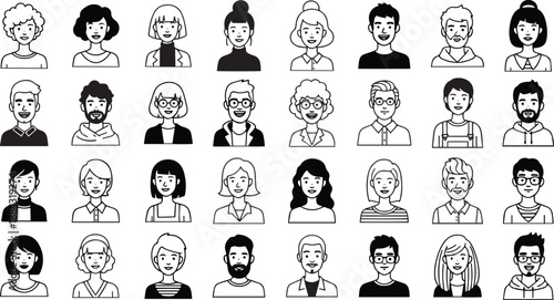 Duo color avatar set of diverse people faces. Black and white vector portraits, modern minimal character icons for user profile and design