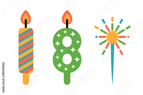 Colorful birthday candles and sparkler graphics for party decoration and celebration