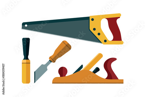 Colorful illustration of various carpentry tools and equipment for woodworking projects