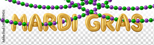 Vector Mardi Gras decoration with purple and green colors and balloon text isolated on transparent background.