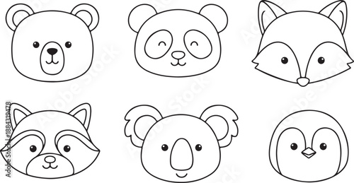 Cute Animal Faces Collection: Fox, Penguin, Panda, Koala, Bear, Yin Yang Isolated on white background
