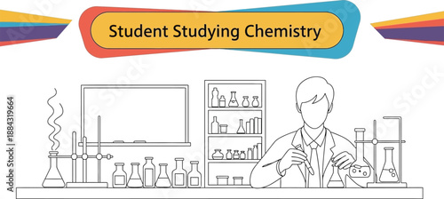 Black outline vector of student conducting chemistry experiment in laboratory