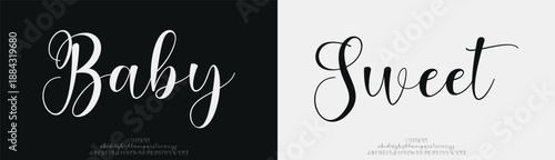 Baby Sweet, Elegant Script font alphabet uppercase lowercase and number. Classic lettering minimal fashion designs. Typography modern serif fonts regular decorative vintage concept.
