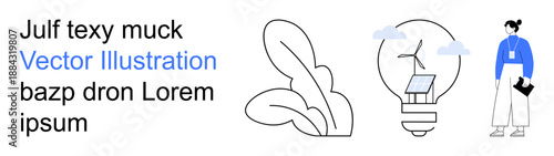 Renewable energy, sustainability, green technology, eco-friendly innovation, environmental conservation, clean energy. Wind turbine in a light bulb, leaves person holding clipboard. Renewable energy