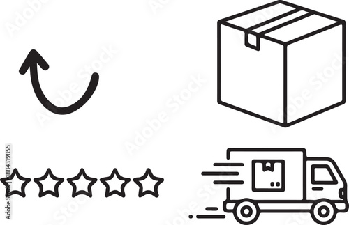 Delivery Truck, Package, Stars, and Return Arrow Icons Representing E-commerce Logistics Isolated on white background
