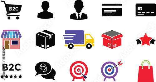 B2C e-commerce icon set features business to consumer, online shopping, retail, logistics, delivery truck, payment and marketing symbols vector illustration.