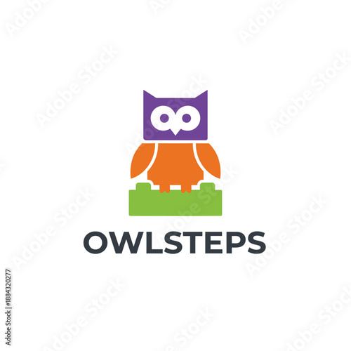 Playful owl sitting on a toy block icon for preschool or kids education branding featuring the text OWLSTEPS in a clean bold typography