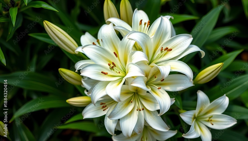 Obraz premium Elegant cluster of pristine white lilies, lush greenery, petals, nature