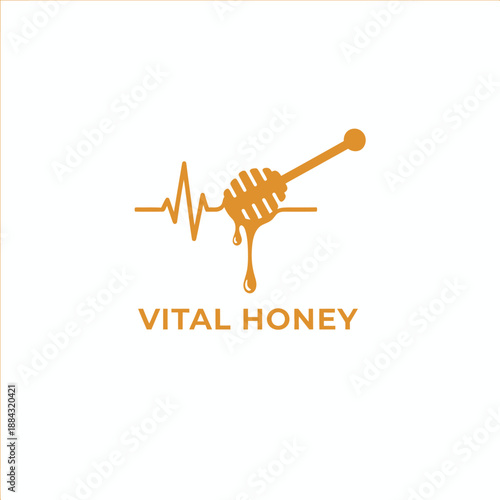 Honey dipper with heartbeat line icon for health supplement brand or organic honey product identity named Vital Honey logo