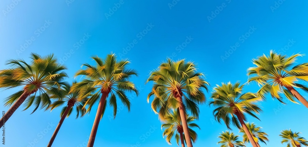 Fototapeta premium Majestic royal palm trees against a vibrant blue sky, scenic, majestic
