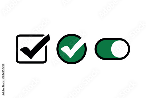 Checkmarks and Toggle Switch Icons in Green and Black on White Background