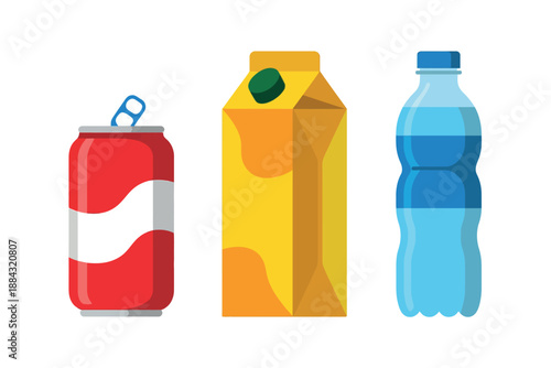 Colorful illustration of soda can, juice carton, and water bottle on white background
