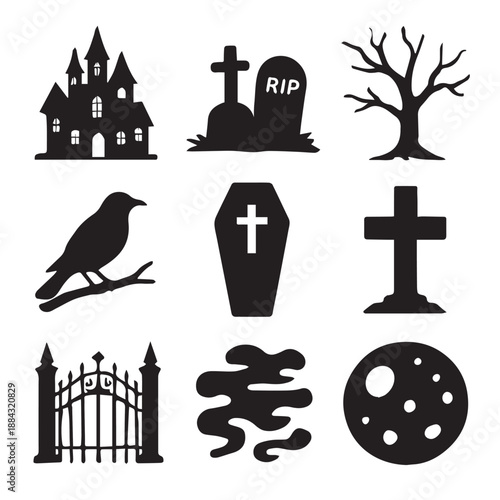 Haunted House and Graveyard Silhouette Vector Set.eps