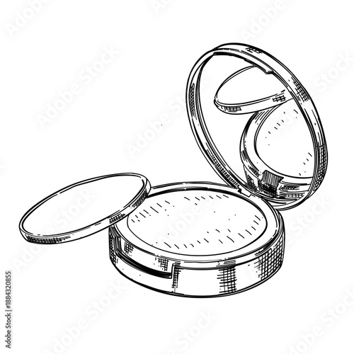 Makeup Cushion Compact with Mirror and Sponge Applicator Vector Line Art Hand Drawn Illustration 