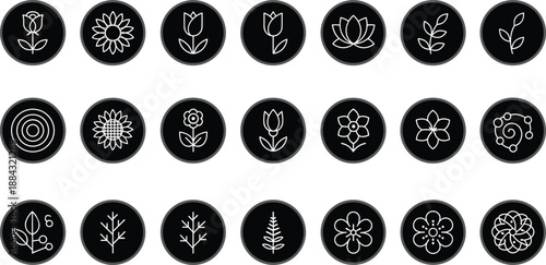 Set of white floral and botanical line icons in black circles featuring roses sunflowers tulips and leaves elements.