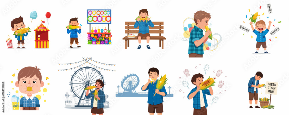 Fototapeta premium A cheerful boy enjoying corn on the cob illustrations set at a summer carnival or fairground, showing various moments of eating and fun.