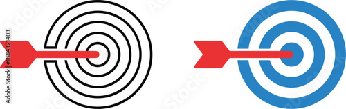 Set of two bullseye target icons with red arrows hitting the center isolated on white background for success.