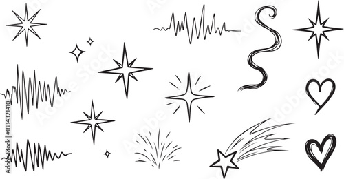 Hand-drawn starbursts, sound waves, and hearts doodle elements Isolated on white background