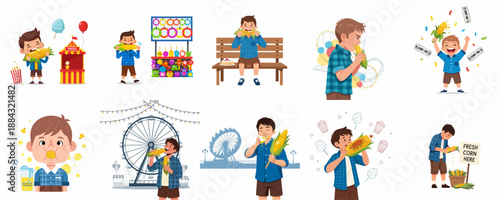 A cheerful boy enjoying corn on the cob illustrations set at a summer carnival or fairground, showing various moments of eating and fun.