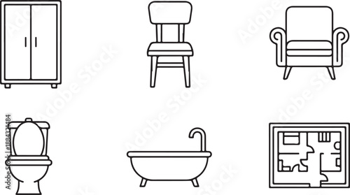 Home Furniture and Floor Plan Icons: Wardrobe, Chair, Armchair, Toilet, Bathtub, Isolated on white background