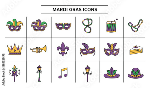 Colorful Flat Mardi Gras Icons Set Festive carnival mask party symbols for invitations and design elements isolated vector illustration