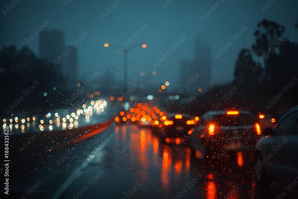 Obraz premium City traffic jam captured at dusk with rain-slicked streets and red brake lights creating a bokeh effect in an urban rush hour atmosphere.